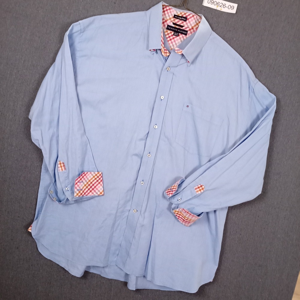Tommy Hilfiger Mens XXL Blue 80s 2-Ply Cotton Button Down Shirt Gingham Trim